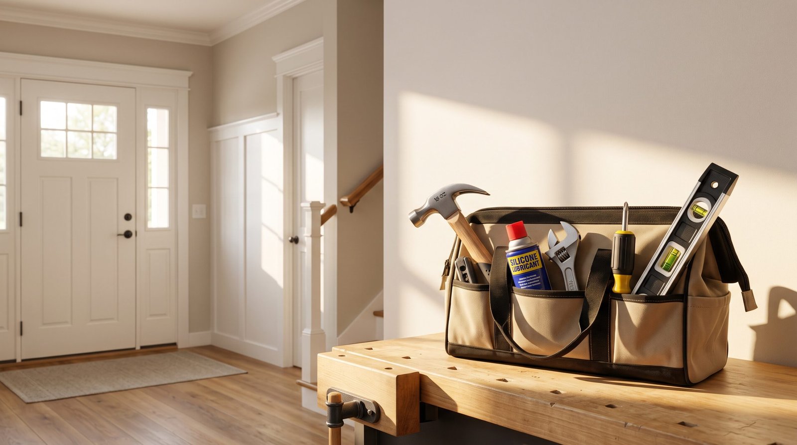 DIY tool bag on a workbench for quick household repairs